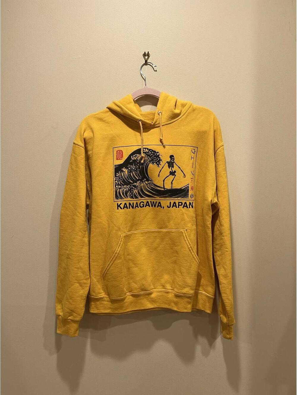 Kanagawa Japan Hoodie Yellow Great Wave Street M Unisex Y2K